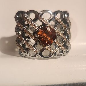 Elegant Silver and Brown Gemstone Women's Ring BP Size 6